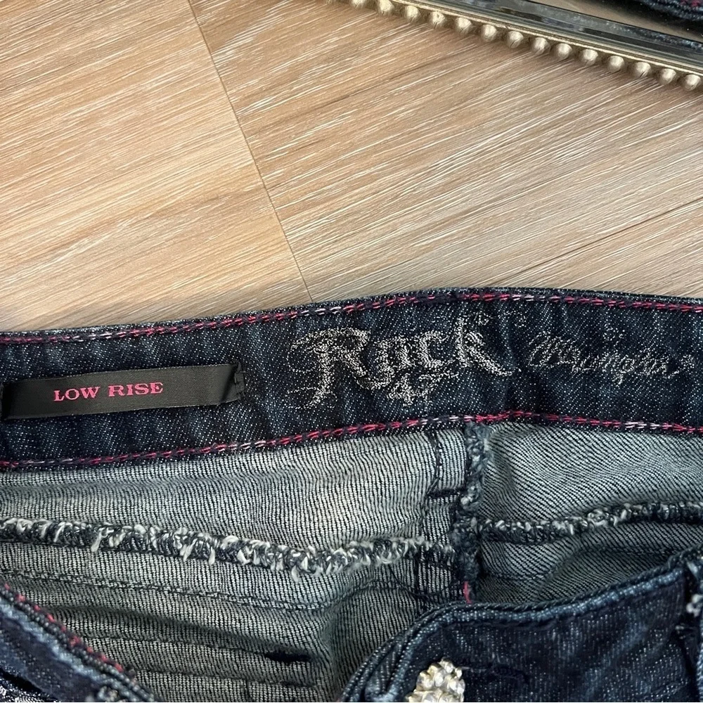 Rock 47 by Wrangler Dark Wash Low Rise Jeans Size 7/34 Rhinestone Detail